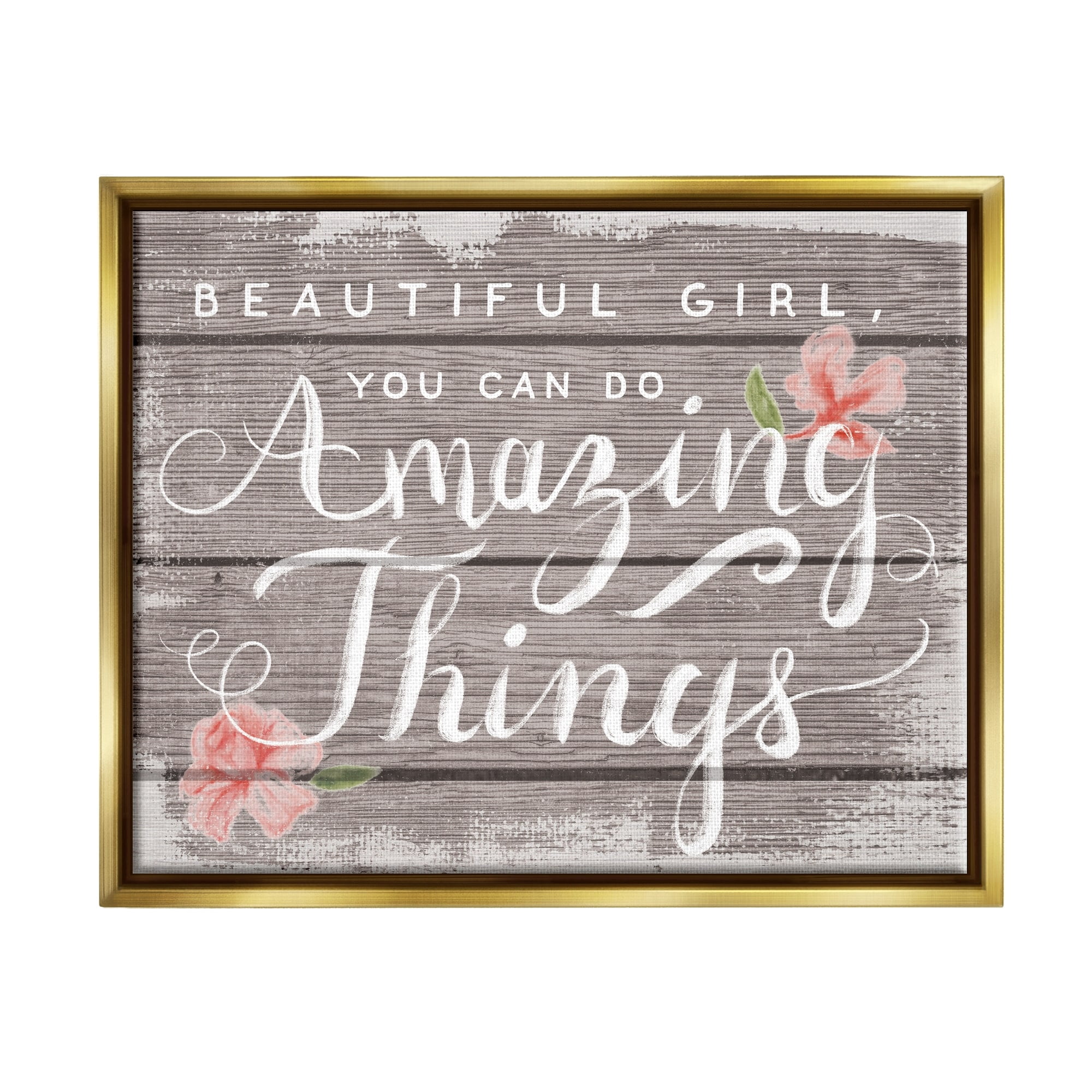 Stupell Industries Beautiful Girl Inspirational Kids Flower Word Design Metallic Gold Framed Floating Canvas Wall Art, 16x20, by Daphne Polselli