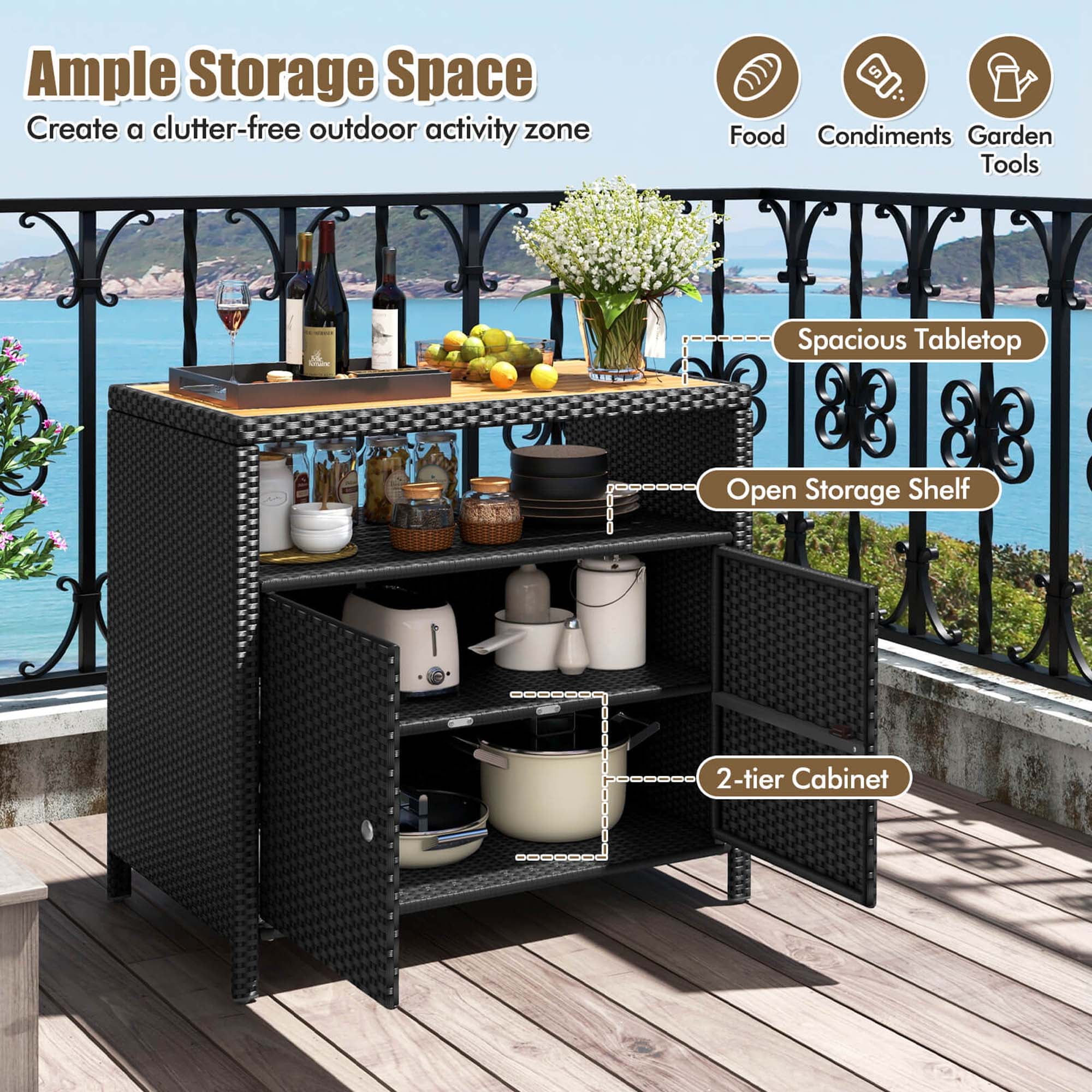 Costway Patio Rattan Storage Cabinet with Acacia Wood Countertop Open Shelf 2 Door Cabinet Black