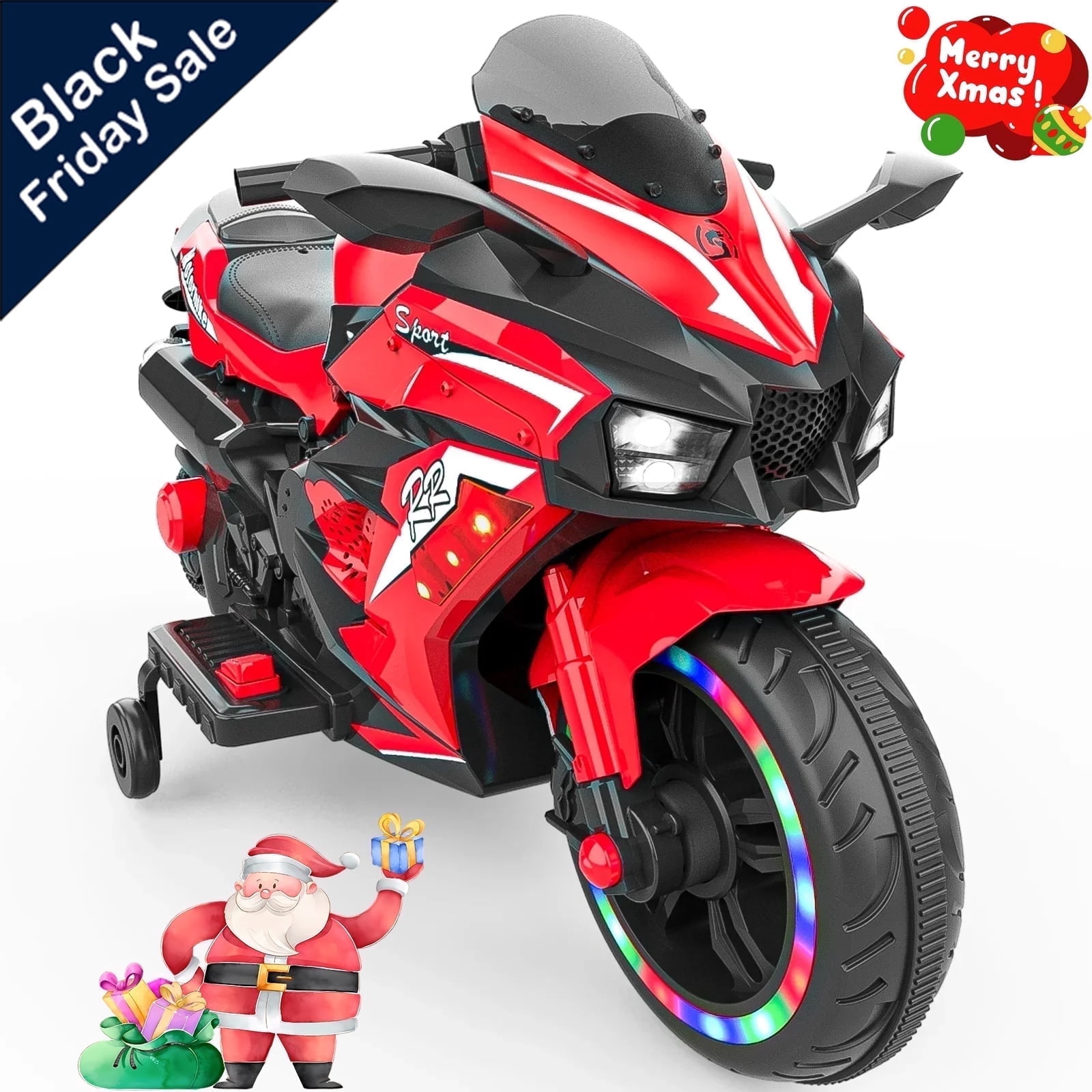 Werseon 12V Motorcycle Ride on Toy for Kids, Rechargeable Motorcycle with LED Light & Training Wheels, up to 90lbs, Red