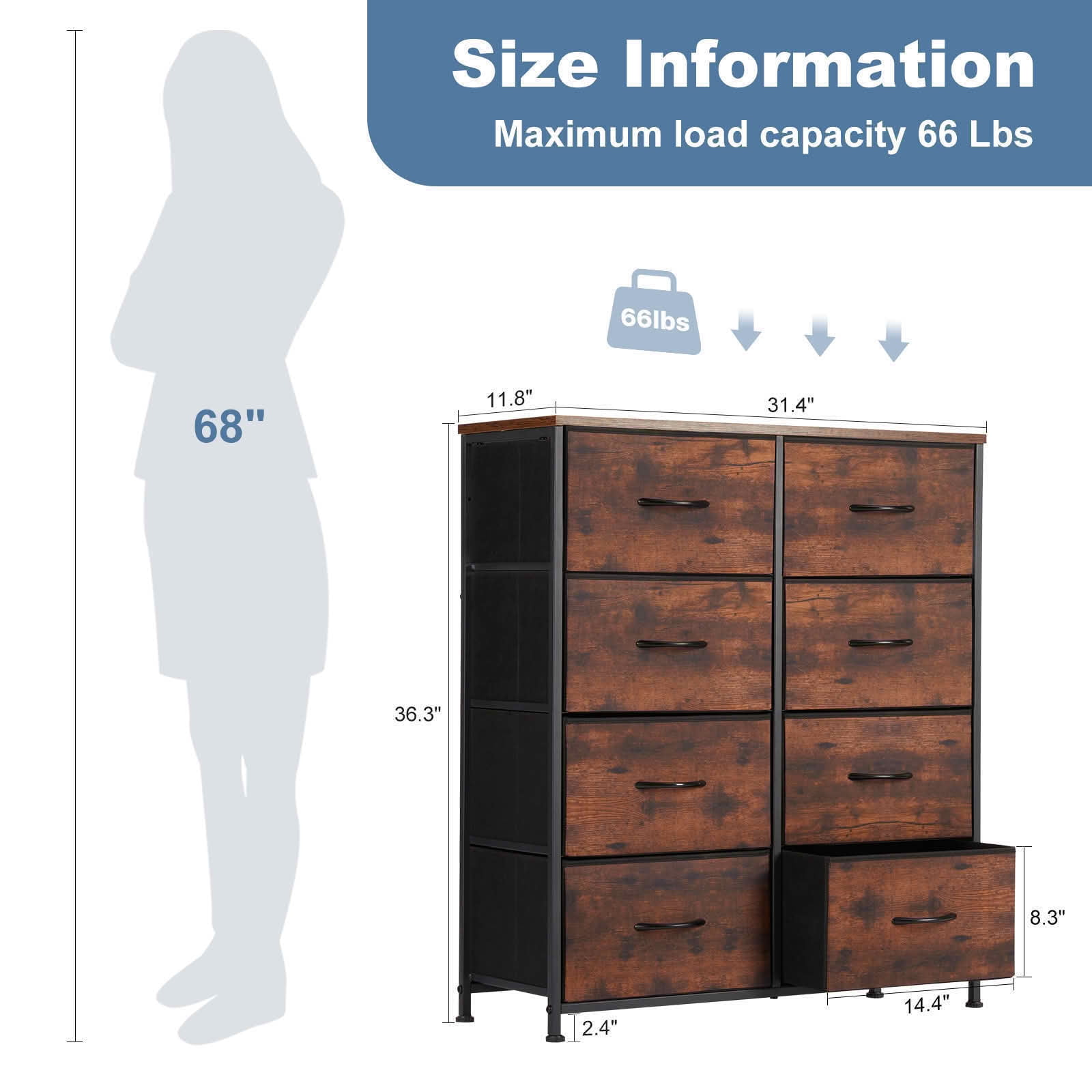 MAYEERTY 8 Drawer Dresser, Fabric Storage Dresser for Bedroom, Living Room, Rustic Brown