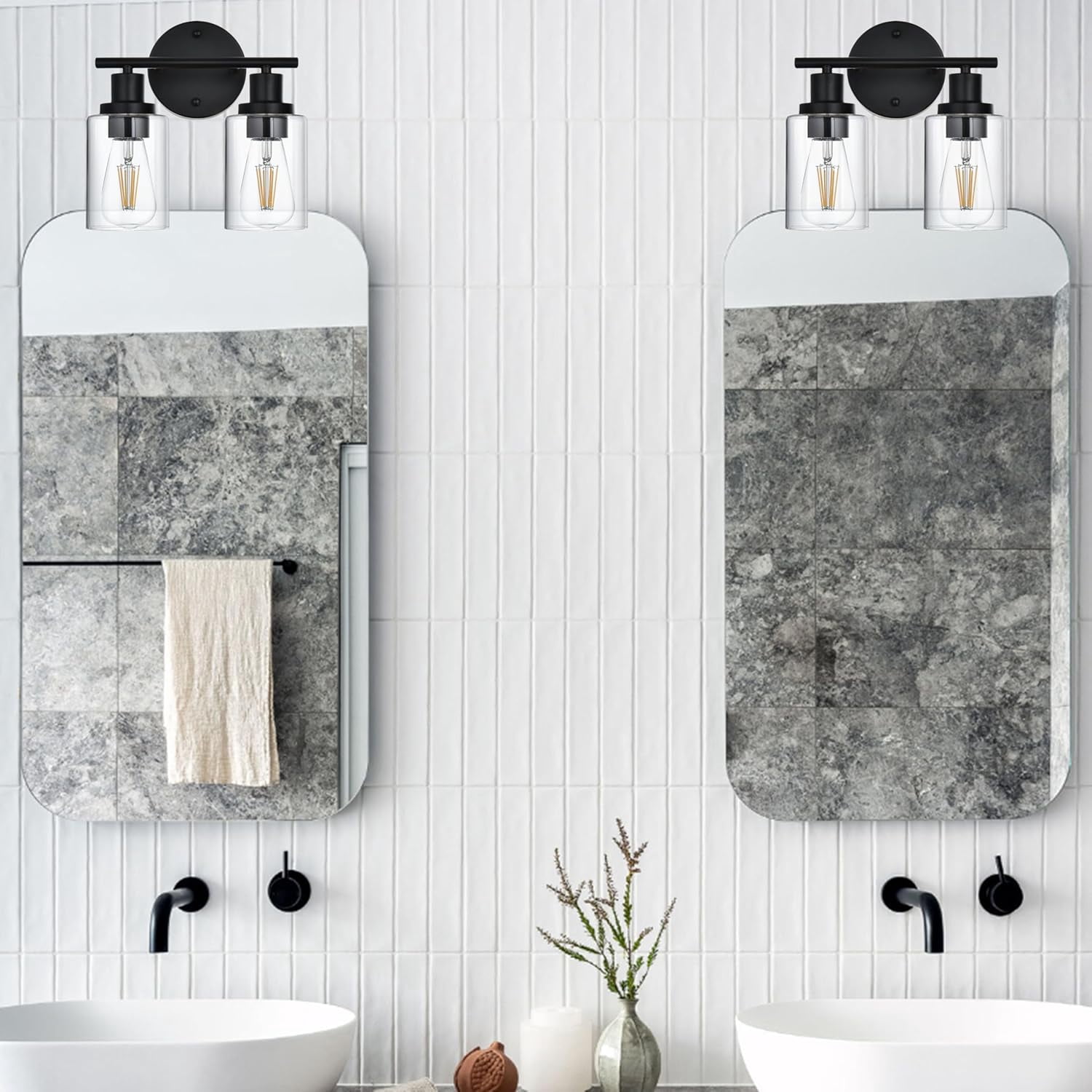 Melucee 2-light Vanity Light with Round Plate – Black Modern Bathroom Light Fixture, Dimmable Wall Sconce for Mirror, Bedroom, Makeup Area