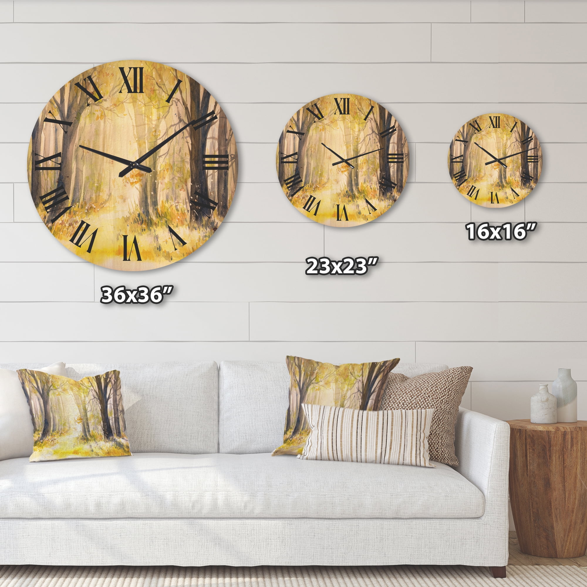 Designart 'Bright Sunshine Through The Yellow Forest Trees I' Traditional Wood Wall Clock