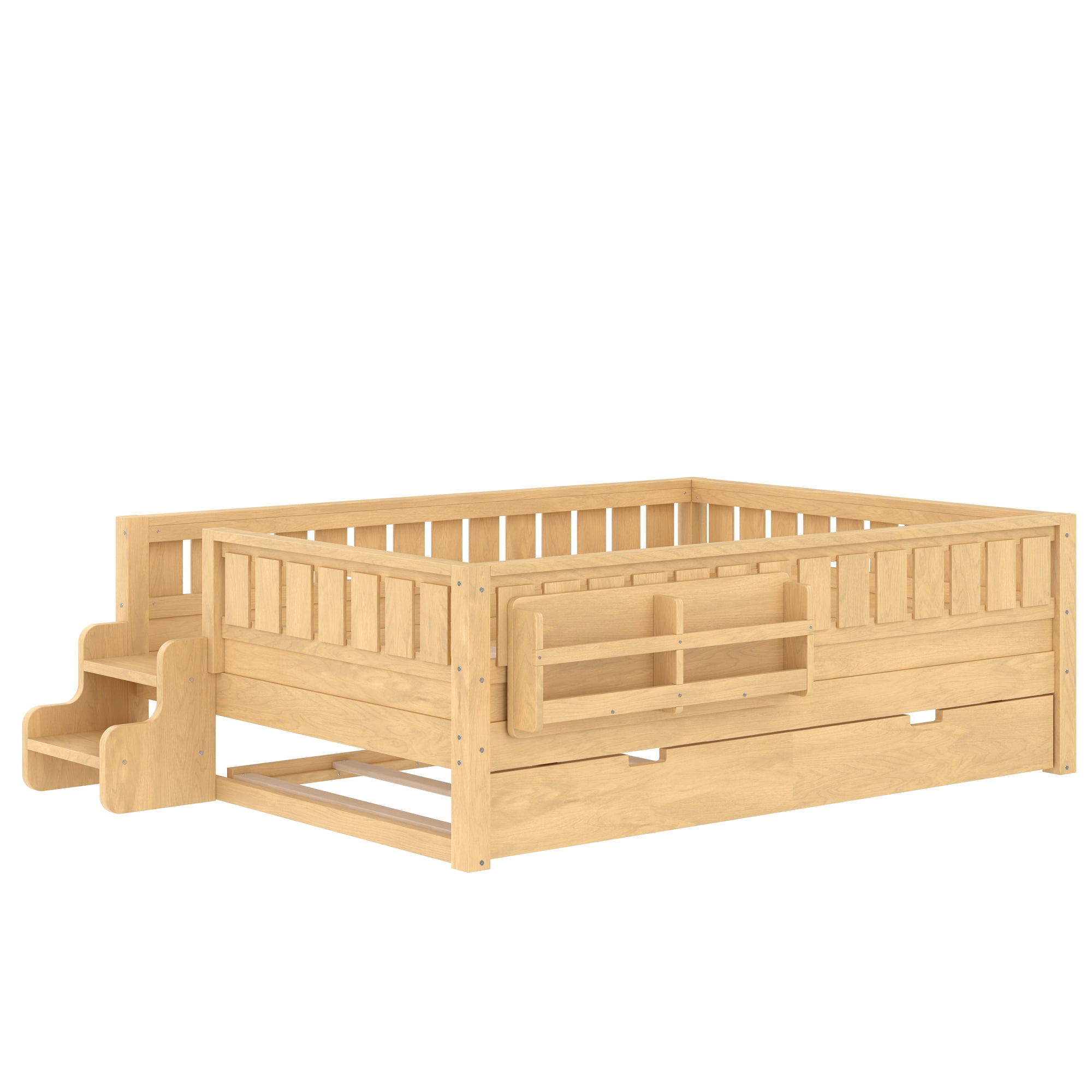 Full Bed with Bookshelf and Trundle 79.1 Inch, Solid Wood Frame with Staircase and Safety Rails, Space-Saving Kids Bed with Storage, Light Natural