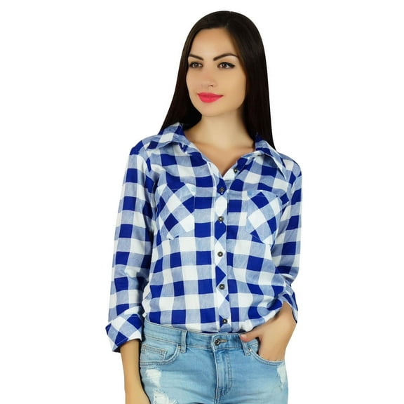 Bimba Check Print Shirt Collar Neck Long Sleeve Casual Chic Button Down Blouse