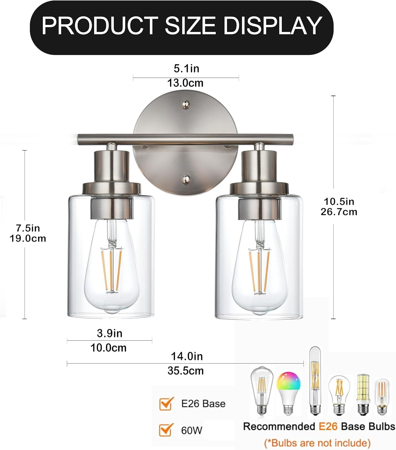 Melucee 2-light Vanity Light with Round Plate – Brushed Nickel Modern Bathroom Light Fixture, Dimmable Wall Sconce for Mirror, Bedroom, Makeup Area