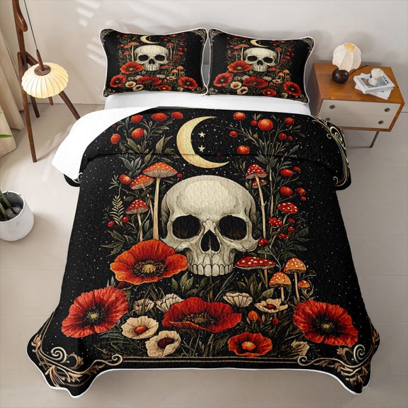 Homewish Death Skull Twin Quilt Set, Hippie Mushroom Flower Twin Coverlet Set, 2 Pieces 1 Bedspread and 1 Pillowcase