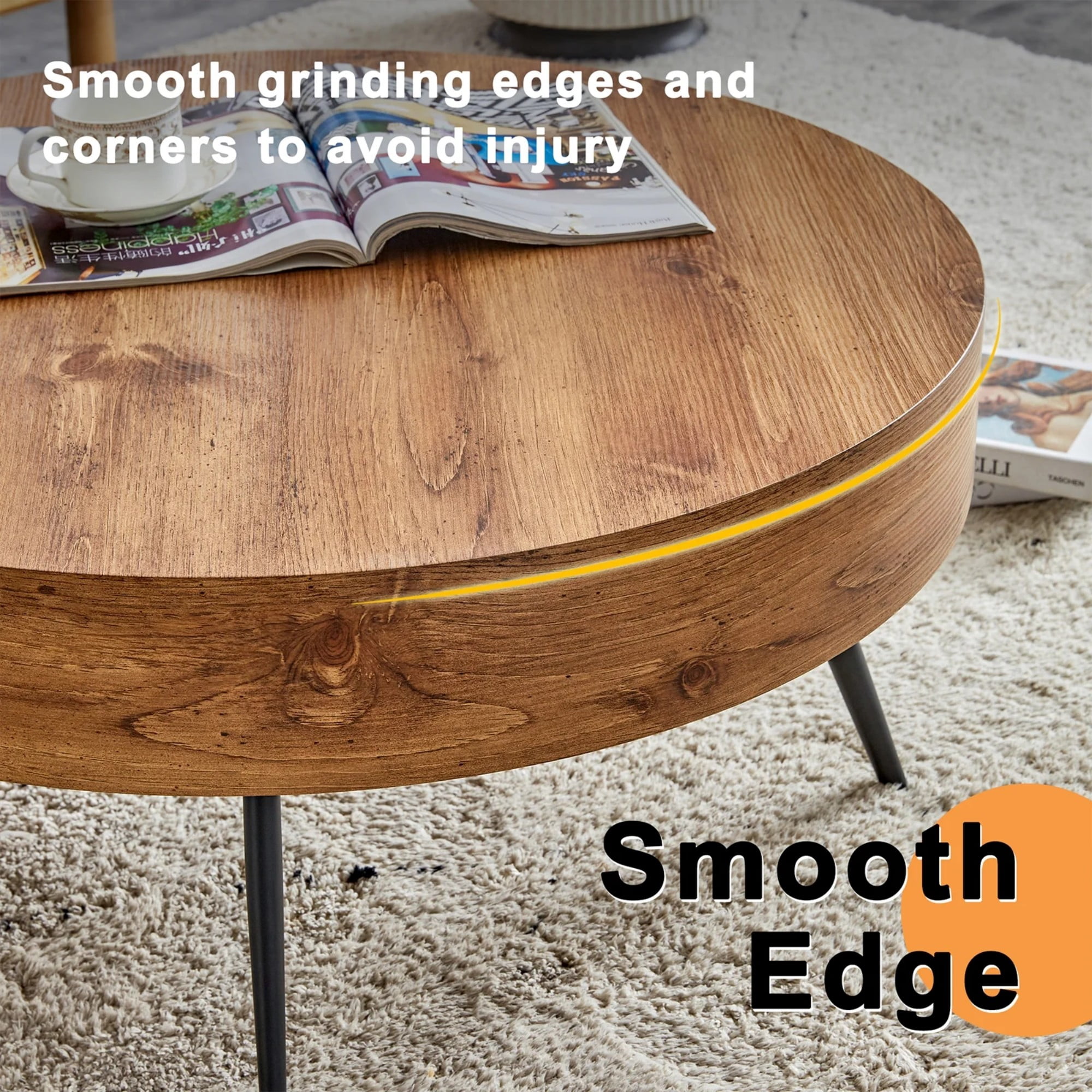 SUDICA 31.5 in Round Coffee Table, Rustic Wood Grain Finish with Black Metal Legs for Living Room