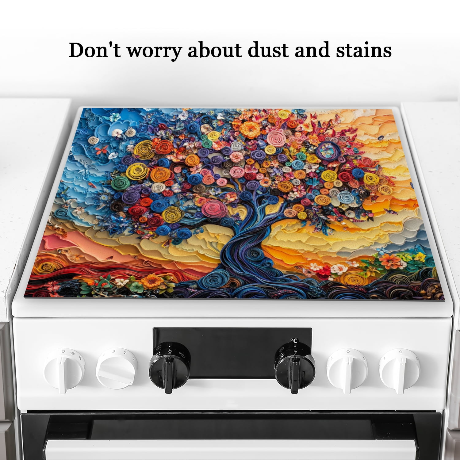 Square Gas Stove Covers, Colorful Flowers Tree of Life Heat Resistant Glass Induction Protector Cooktop Mat, Non-slip Foldable Decoration Pad for Kitchen RV (28×20 Inch)