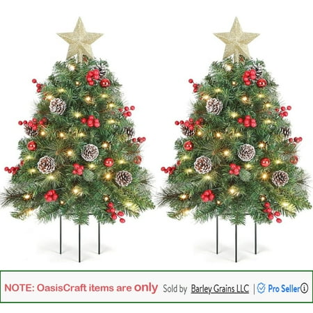 OasisCraft 2 Pack 33 inch Christmas Trees with LED Lights  Outdoor Prelit Christmas Trees  Small Artificial Christmas Tree with Ornaments for Porch  Driveway  Yard  Garden