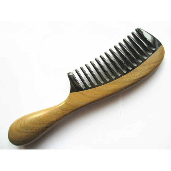 Myhsmooth Peigne Corne de Buffle Noir Fait Main Sans Statique avec Manche en Bois de Santal Vert (Arrondi)