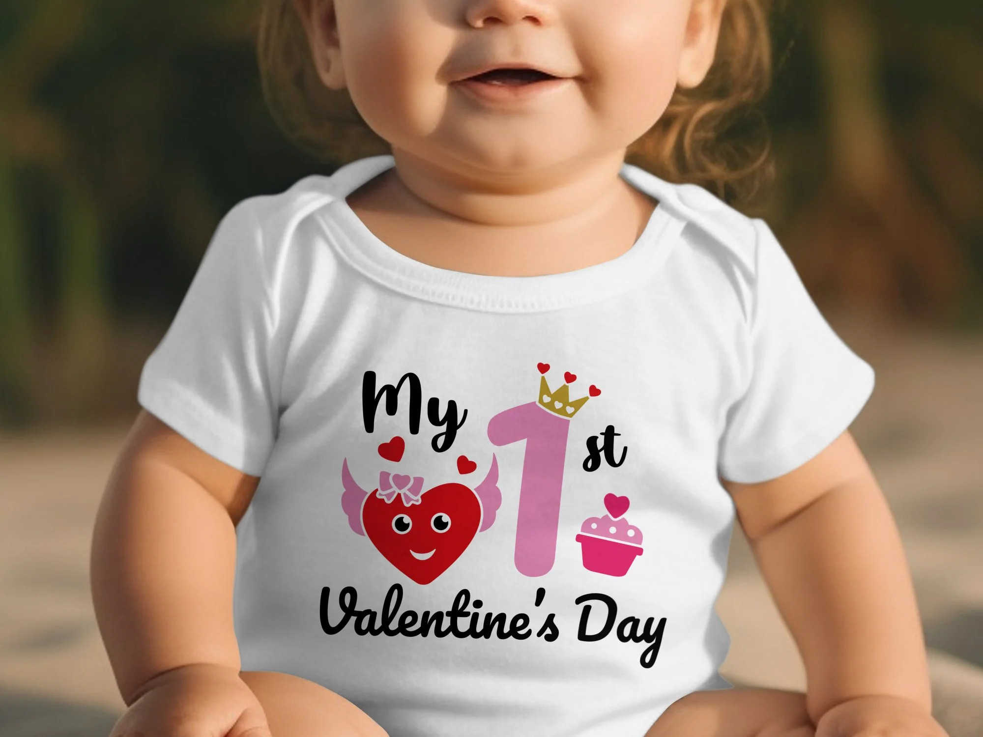 My 1st Valentine's Day Bodysuit, Baby Girl Heart Cupcake Outfit, Cute Infant First Love Onesie