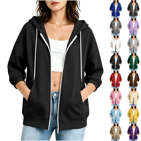 BXJX Womens Zipup Hoodies, Casual Spring Fall 3/4 Sleeve Elastic Cuff Outerwear with Drawstring Black Size S-2XL