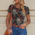 thumbnail image 6 of KLL Women 's Crew Neck Bodysuit Jumpsuits Skull and Red Roses Print Short onesies Stretch T Shirts, 6 of 7