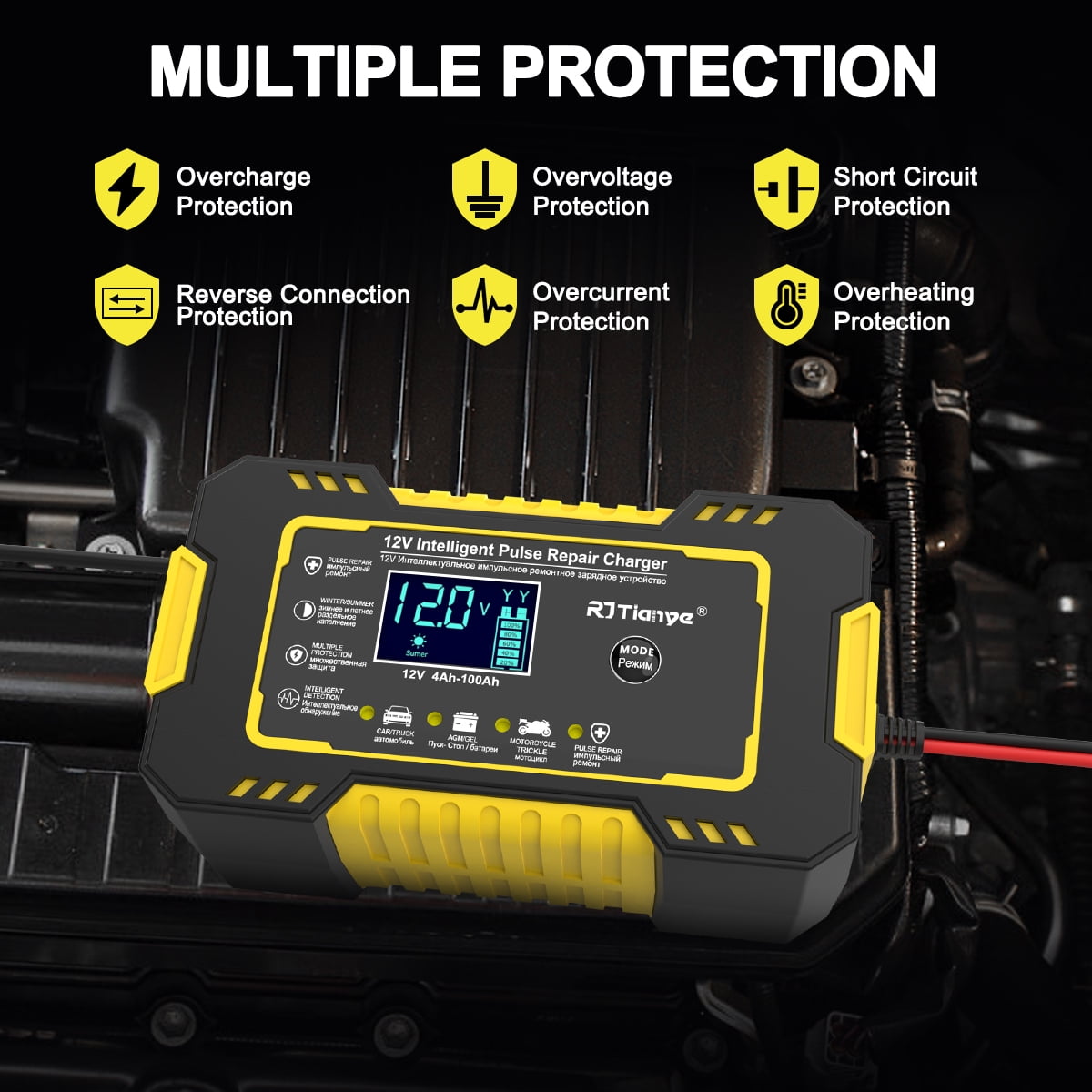 Automatic Battery Charger, 12V/6Amp Battery Maintainer, Smart Car Trickle Charger with Temperature Compensation Auto Stop for Car Truck Motorcycle Lawn Mower Boat Marine Lead Acid Batteries