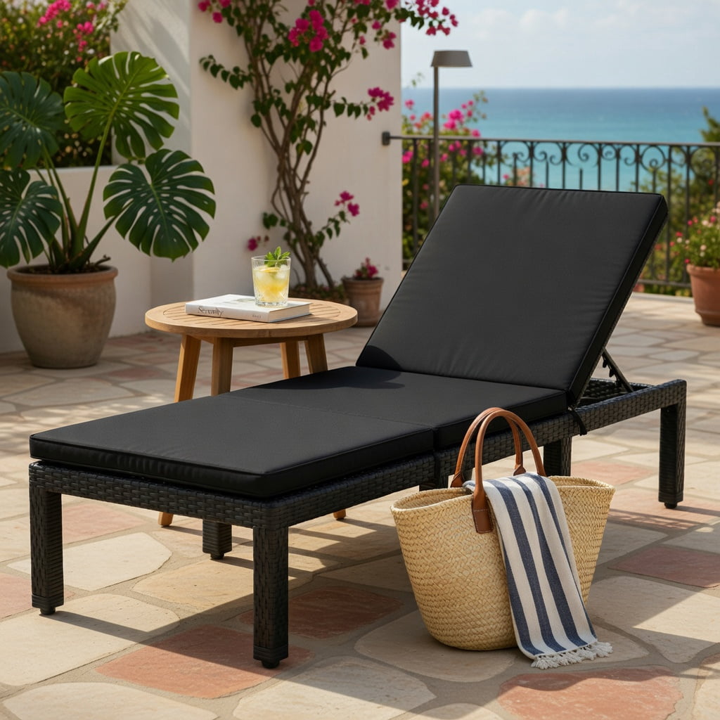 Hommoo Height-Adjustable Outdoor Rattan Lounge Chair with Dual Cushion Covers, PE Wicker Patio Recliner for Poolside, Garden & Porch, Black & Turquoise