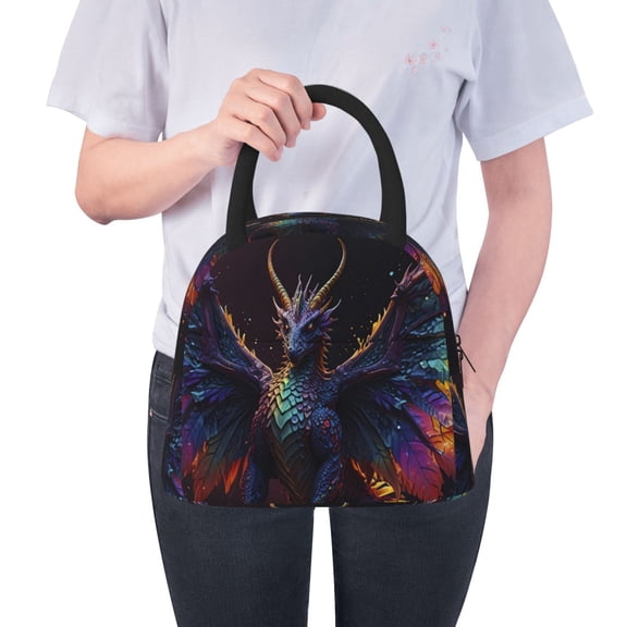 Ratiio Rainbow Wings Majestic Dragon Print Insulated Lunch Bag Women Reusable Lunch Box with Pocket for Work Picnic Travel
