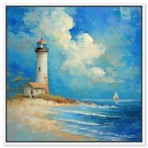 Lighthouse Sunrise Chic Coastal Canvas Wall Art by Art Remedy, White Floater Frame, 12"x12"