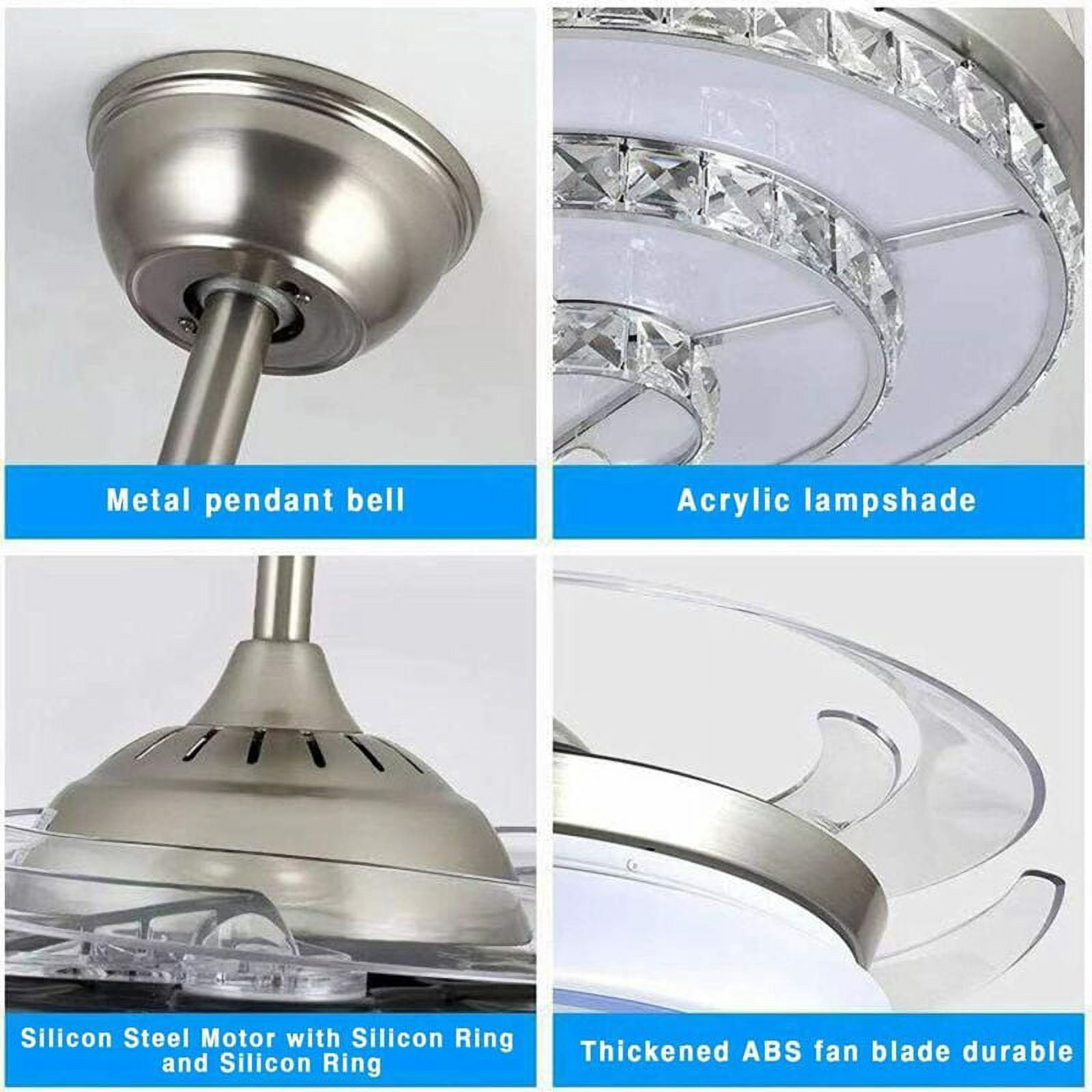 EAYSG 42'' Crystal Ceiling Fans with Lights,3 Color Remote Control Retractable Invisible Blades 3 Speeds Indoor Ceiling Light  with Fan