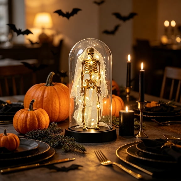 Halloween Decorations Indoor LED Light Up Glowing Cute White Girly Ghost in Glass Dome Battery-Operated Halloween Tabletop Decor for Shelf Mantel Spooky Party Display