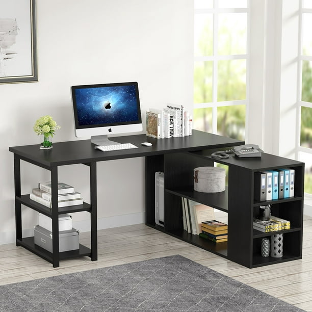 Wooden L-Shaped Computer Desk Tribesigns Rotating Corner Computer Desk With Bookcase &amp; File Cabinet with Wall Mounted Monitor