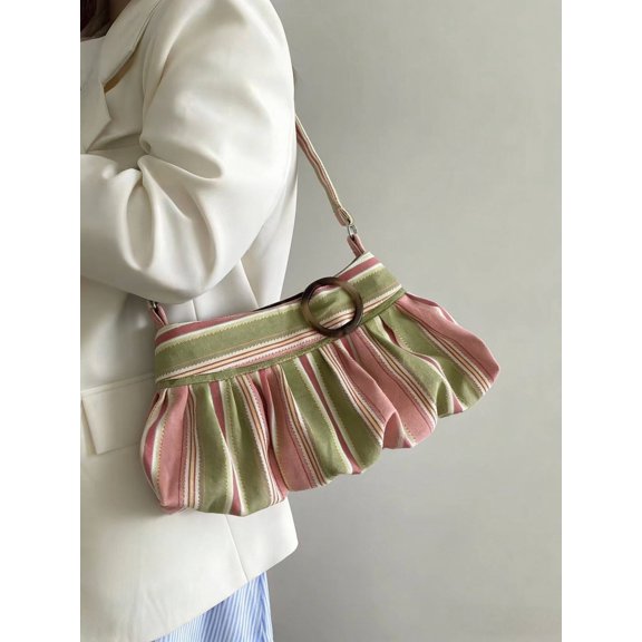 PRIYAL Hobo Bag for Women Y2K Aesthetic Colorful Striped Shoulder Bag Retro Pleated Button Decor Slouchy Bags Casual Everyday Purse
