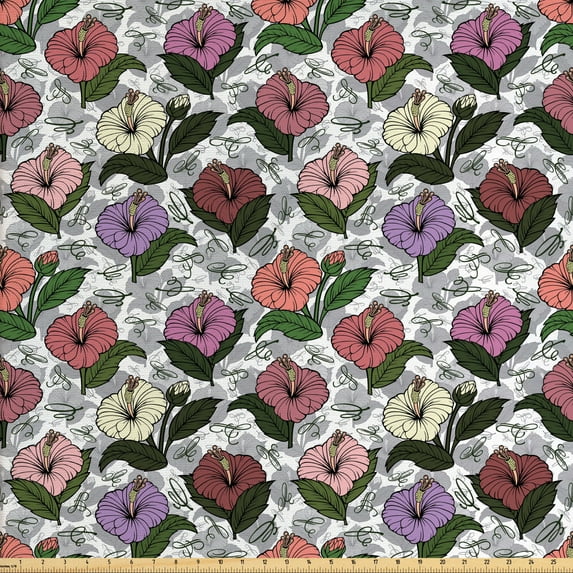 Floral Fabric by the Yard Upholstery, Image of Spring Pattern with Hibiscus Flowers and Calligraphic Elements, Decorative Fabric for DIY and Home Accents, White and Multicolor by Ambesonne