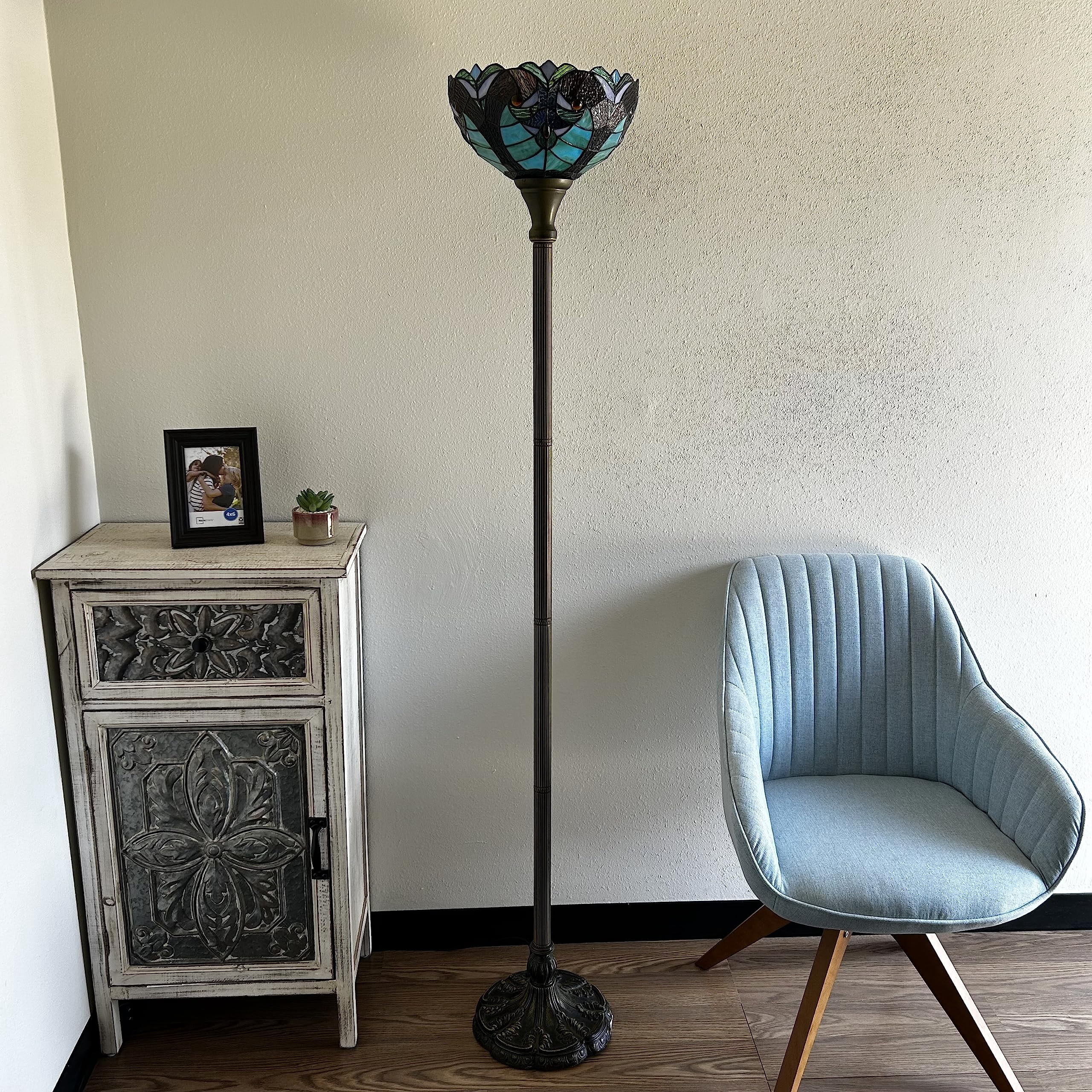 Tiffany Torch Floor Lamp Green Brown Stained Glass Liaison LED Bulb Included for Living Room Dining Room Bedroom 12"W*12"D*66"H