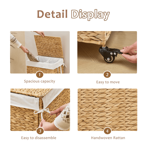 100L 2-Section Laundry Hamper with Lid and Wheels, Woven Natural Water Hyacinth Rolling Laundry Hamper