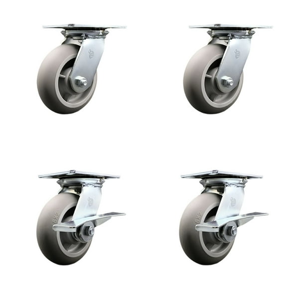 6 Inch Thermoplastic Rubber Swivel Caster Set with Roller Bearings 2 Brakes SCC