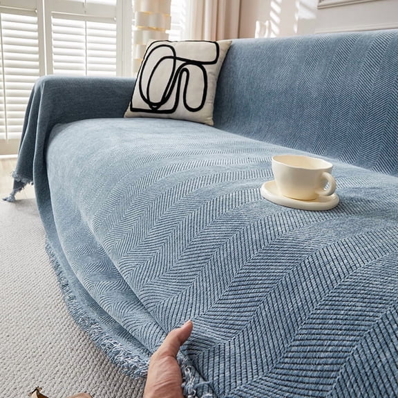 XmhyTop 1 Piece 71"×90" Grey Blue Herringbone Pattern Chenille Sofa Cover, All Season Stain-Resistant Pet Hair-Repellent Couch Cover for Sofa Protection