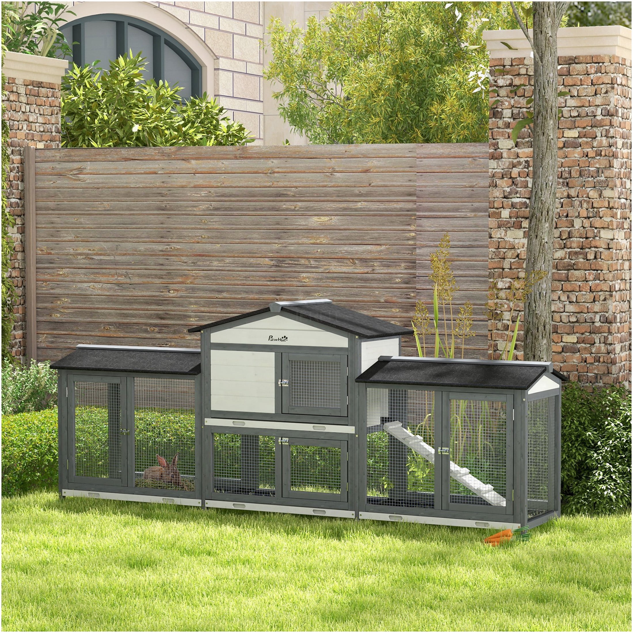 JERFIT 90.5 Inch Large Outdoor Rabbit Hutch with 2 Run Boxes, Leak-Proof Tray & Ramp, Wooden Guinea Pig Cage, Small Animal Playpen Enclosure House, Gray