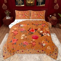 Feelyou Rustic Flower Floral Queen Comforter Set, Orange Cherry Blossoms Bedding Sets, Old Fashion Style Reversible Bedding Comforter Set, Ultra Soft Bedroom Decor, 3pcs