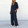 thumbnail image 6 of Bloomae Women's Loungewear Set 2 Piece Cotton Linen V Neck Long Sleeve Shirt & Wide Leg Pants with Pockets Lightweight Casual Solid Color Loose Fit Summer Outfit Navy XXL, 6 of 7