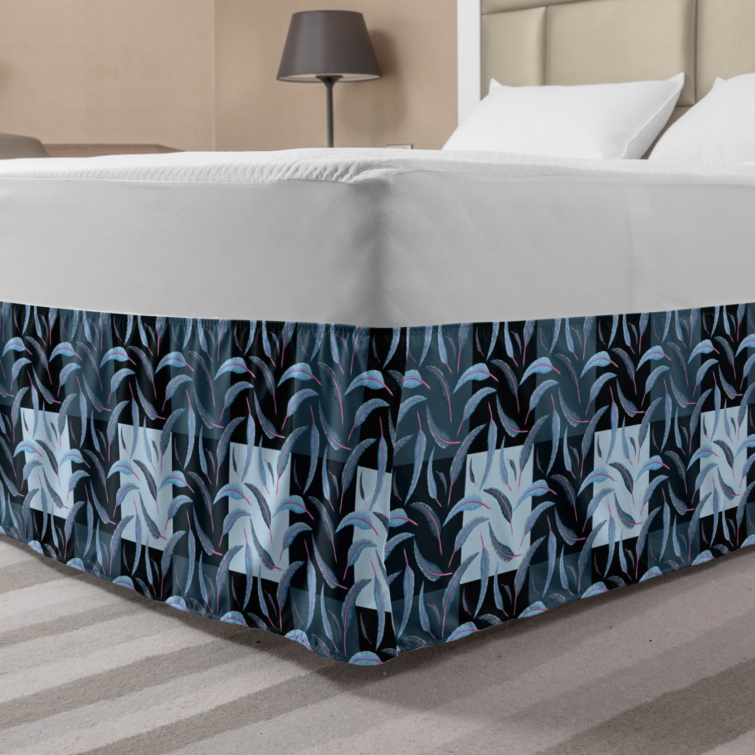 Swans Bed Skirt, Watercolor Effect Floating Plumage on Squares in Old