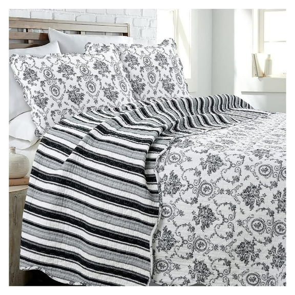 Cotton Quilt Set Queen - French Medallion Floral Bedding Reversible Coverlet 3 Piece - Black White Rose Flower Pattern Cotton Bedspread - Bedroom Decor