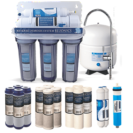 

Bluonics 5 Stage Undersink Reverse Osmosis RO Drinking Water Filter NSF Certified 50 GPD with Clear Housings 4 yrs Supply