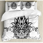 Black and White King Size Duvet Cover Set, Lotus Flower Tattoo Art Doodle Purity Meditation Flourish Illustration, Decorative 3 Piece Bedding Set with 2 Pillow Shams, Black White, by Ambesonne