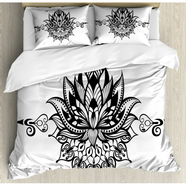 Black And White King Size Duvet Cover Set Lotus Flower Tattoo Art