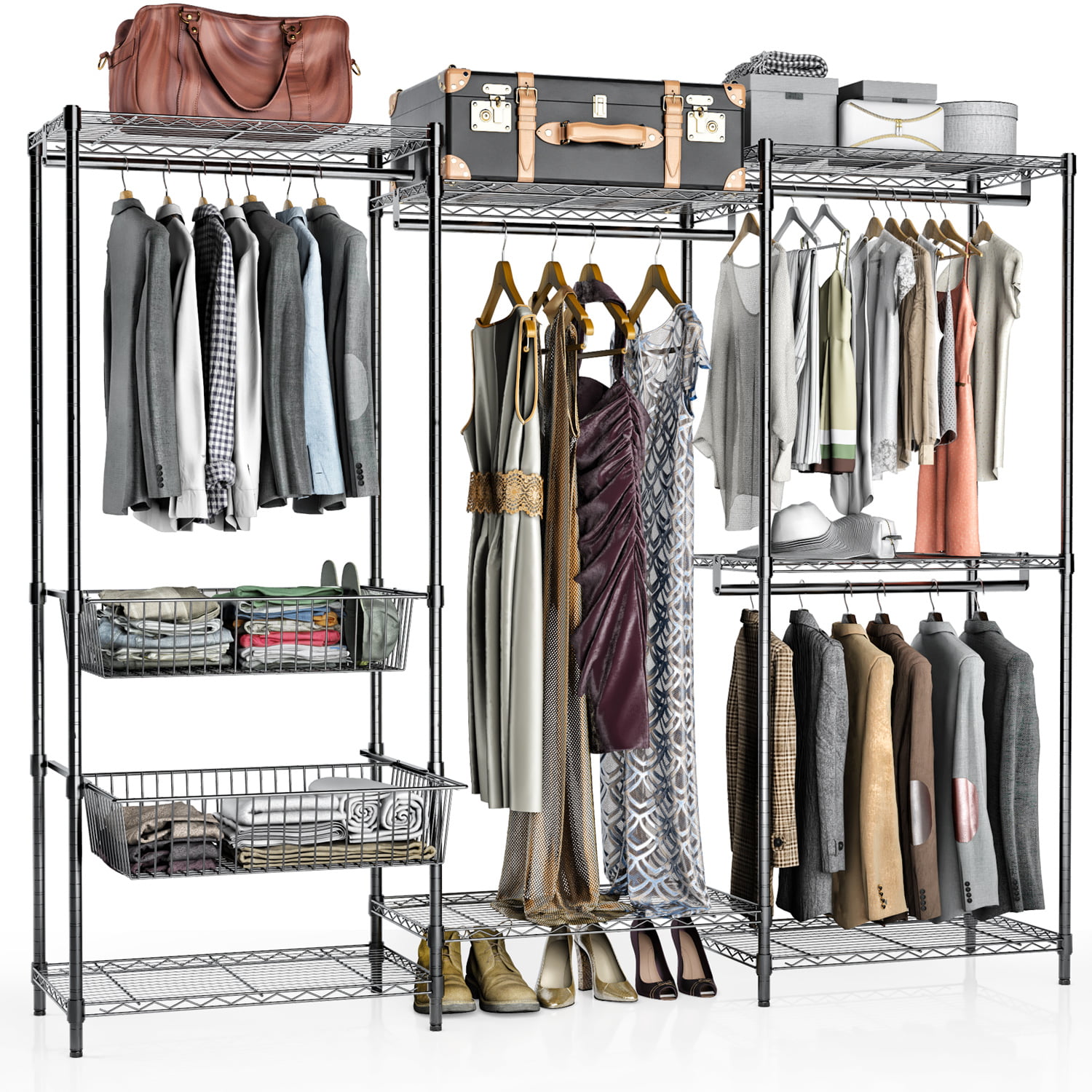 Adjustable Clothes Rack with 2 Tier Metal Shelf and Wheels YUSONG Double Hanging Rail Telescopic Garment Rack Black 