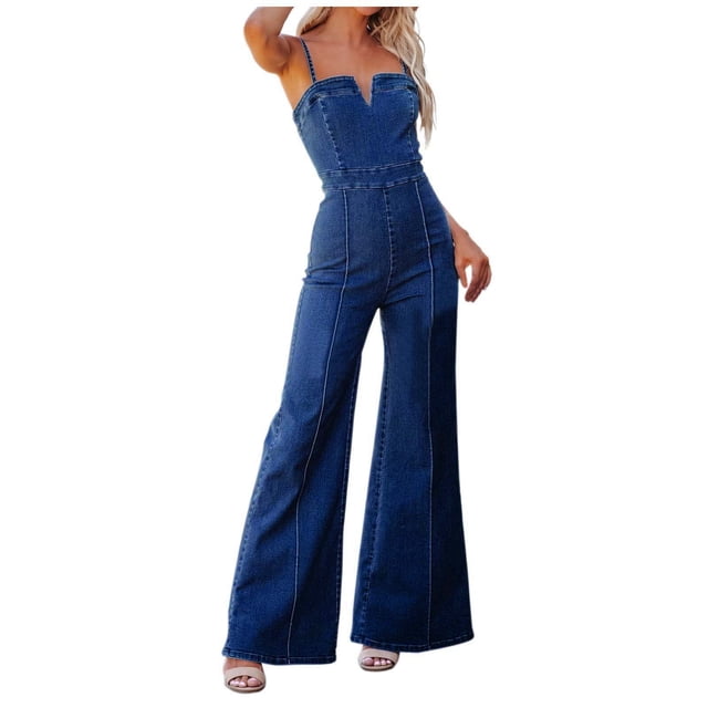 asddcavvf Combinaisons pour Femmes Combinaison Décontractée d'Été en Denim Coton Bleu Délavé Clair Col