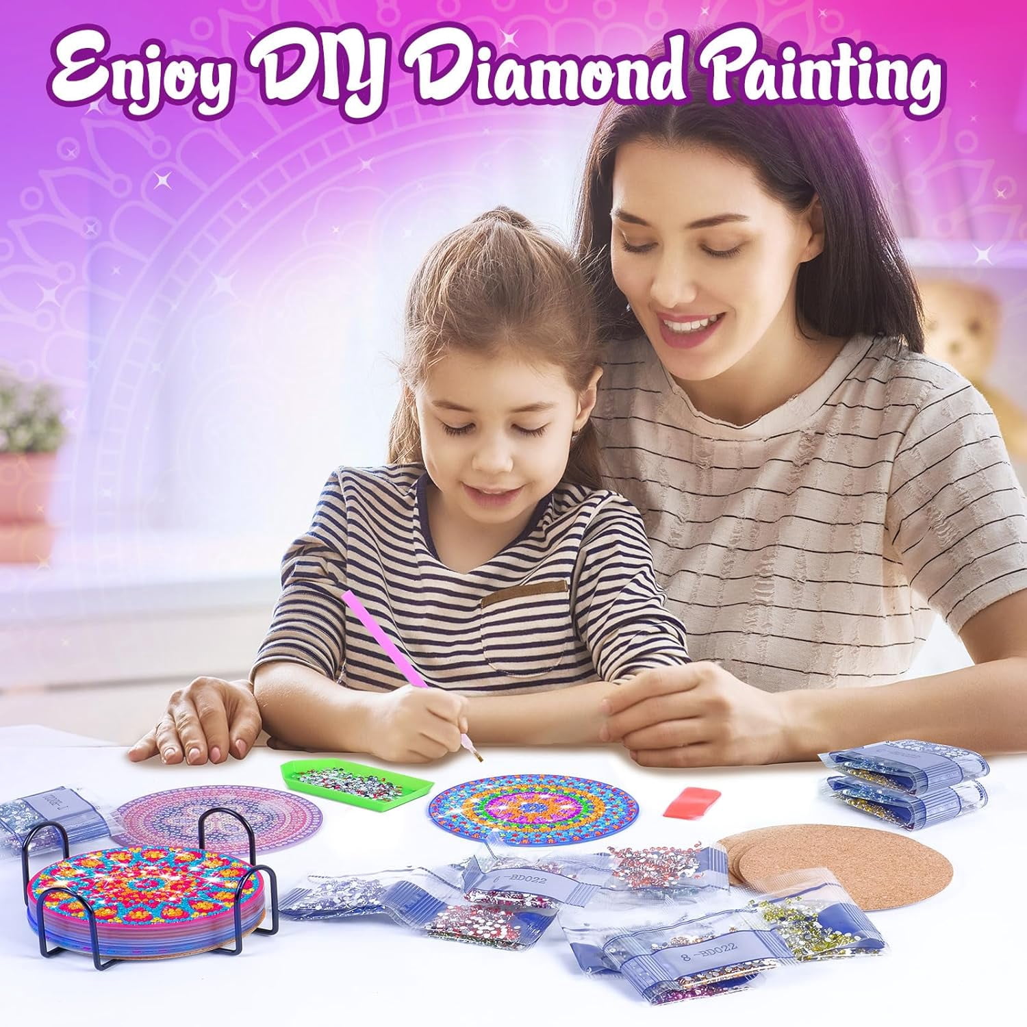 HYPERLIVING Jovicos Craft Kits for Girl 6 7 8 9 10 Years Olds, 8 PCS Diamond Painting Coaster with Holder, 5D Mandala Diamond Painting Art Craft for Kids Adult, Girls Toys Gifts for Kids
