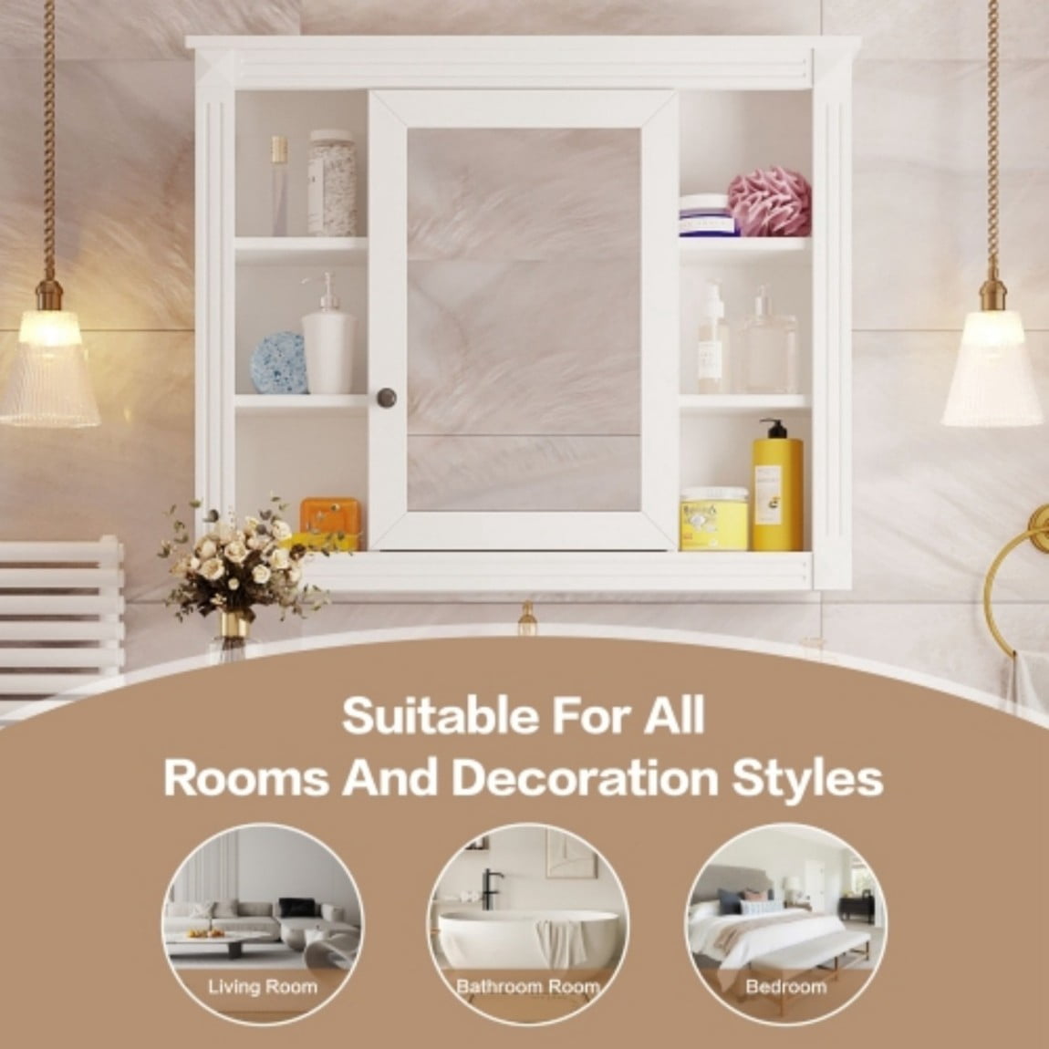 35"x 28" Wall Mounted Bathroom Medicine Cabinet with Mirror, Adjustable Shelves, Open Storage, Towel Bar, MDF Bathroom Storage Cabinet, White