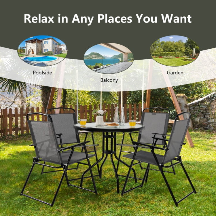 Barara King Patio Dining Sets Patio Table and Chairs Set 6 Pieces Patio Dining Set Folding Chairs Glass Table Tilt Umbrella for Garden Gray Walmart