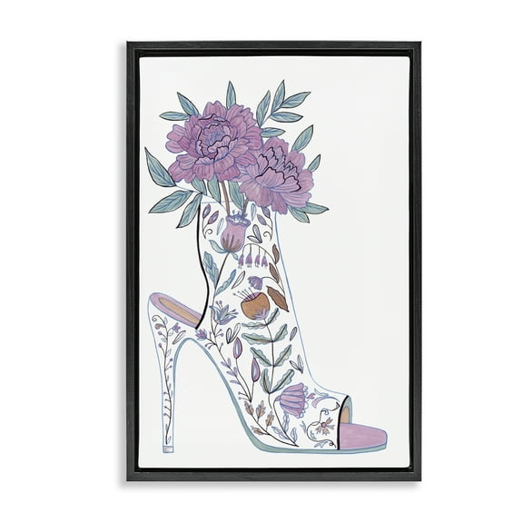 Stupell Industries Shoe with Bouquet Botanical & Floral Painting Black Floater Framed Art Print Wall Art, 17 x 25