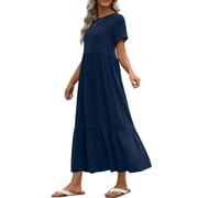 UVN Maxi Dresses for Women Summer Short Sleeve Casual Crewneck Long Dress with Pockets