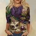 thumbnail image 2 of BDPORKAS Mardi Gras Shirts Women 3/4 Sleeve Parade Blouses Carnival Mask Graphic Print Tunic Tops Casual Loose Fit Pullover Tee, 2 of 5
