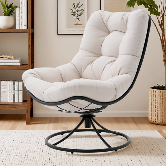 Dovov Swivel Accent Chair, 360° Upholstered Swivel Chair Modern Lounge Chair Comfy Reading Chair with Soft Cushion and Metal Frame, Beige