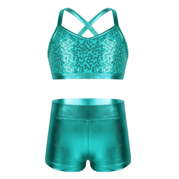 Lejafay Kids Girls 2-Piece Sports Dance Outfits Crop Tops with Booty Shorts Gymnastics Workout Lake_Blue 14