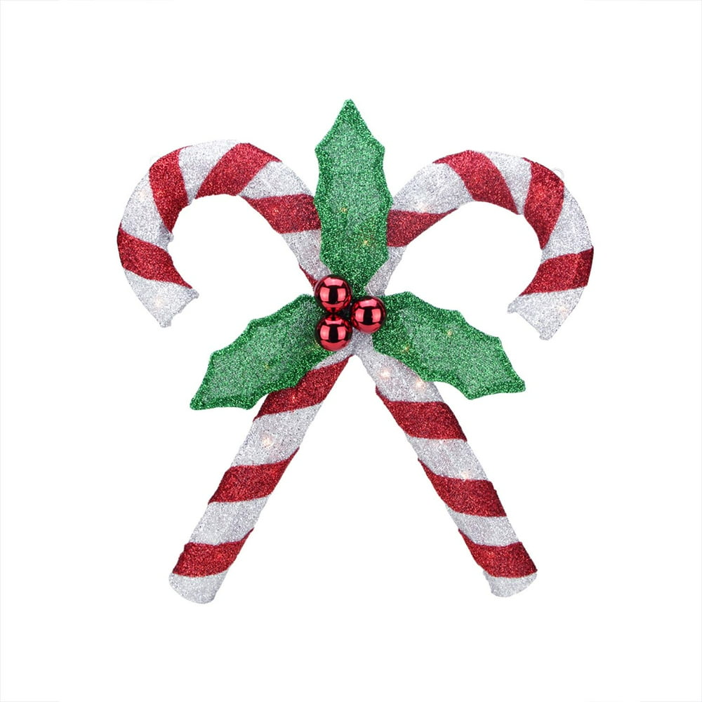 26" Lighted Red & Silver Double Candy Cane with Holly Tinsel Christmas