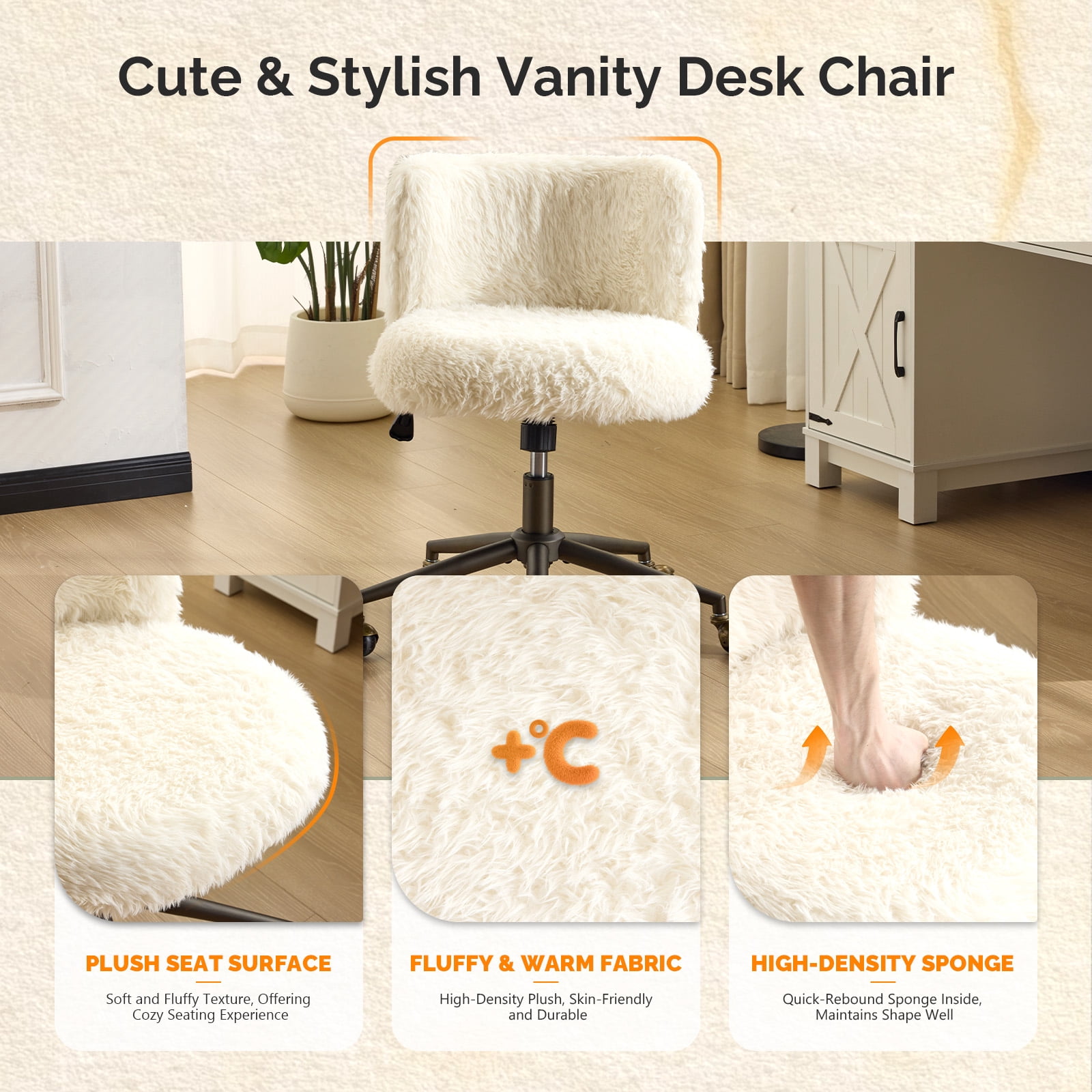 Ktaxon Vanity Chair, Adjustable Desk Chair with Metal Base and Swiveel Casters, Long Pile Fabric Makeup Chair for Women, Ideal for Office,Study and Home White